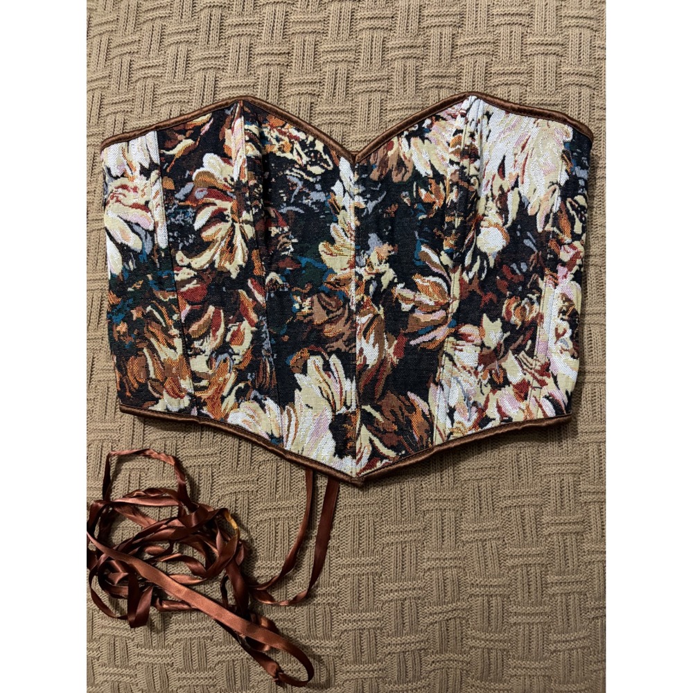 Floral Tapestry Corset Top Brown Woven Jacquard Lace Up Back XL